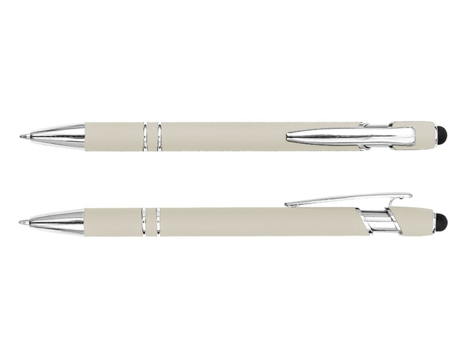 A stylus pen in a cream colour with chrome accents, featuring a smooth barrel design and a logo.