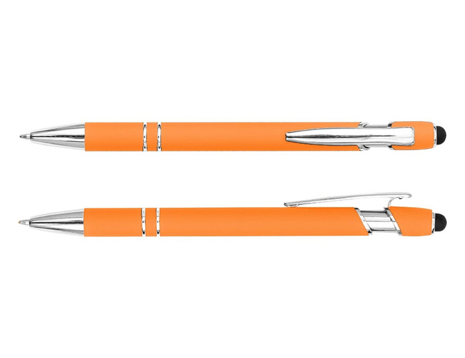An orange stylus pen with chrome accents, featuring a smooth finish and a clip. It also has a logo.