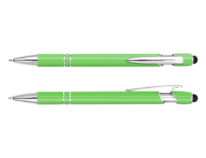 A green stylus pen with chrome accents and a black tip, featuring a logo.