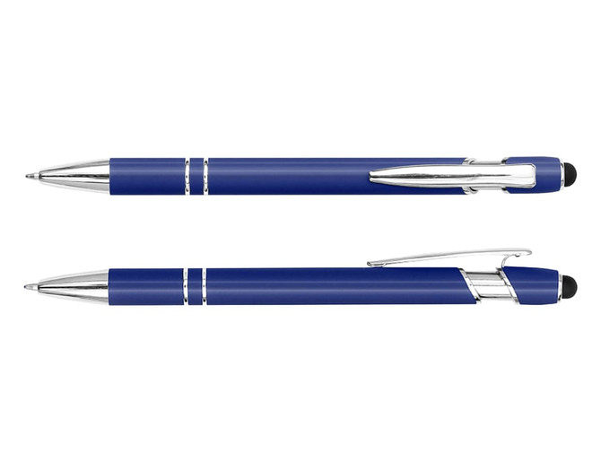A blue Colombo Lacquer stylus pen with silver accents and a sleek design, featuring a clip and a stylus tip.