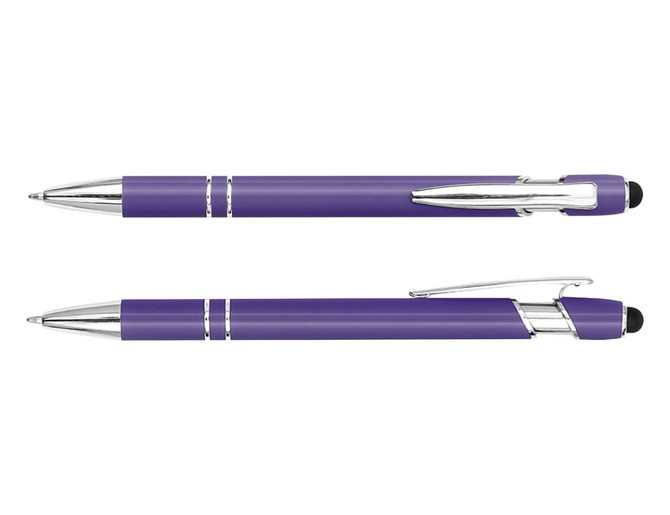 A purple stylus pen with chrome accents, featuring a smooth finish and a clip for easy attachment.