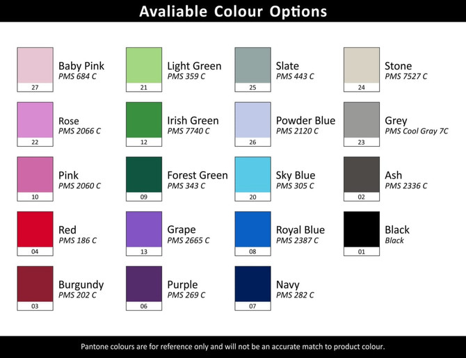 A colour chart featuring various options including shades like Baby Pink, Light Green, and Rose, along with their Pantone codes.