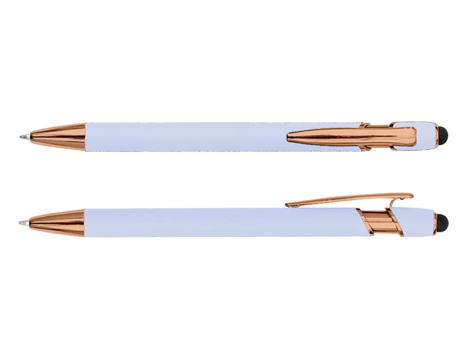 A stylus pen in light blue with rose gold accents, featuring a sleek design and a clip.