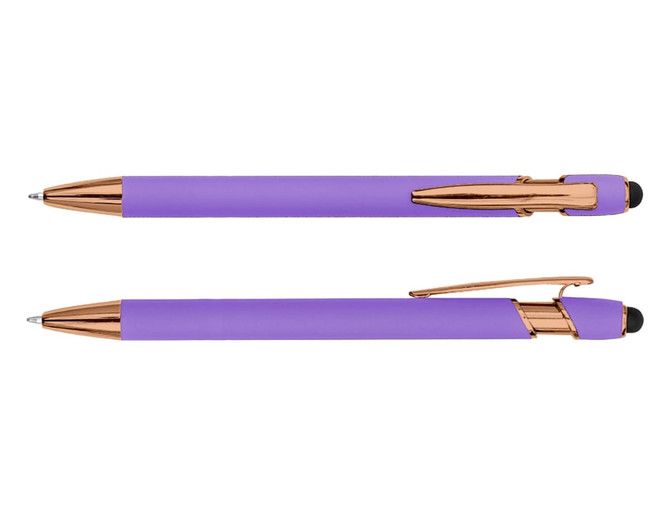 A purple stylus pen with rose gold accents and a clip, featuring a touch-sensitive tip.