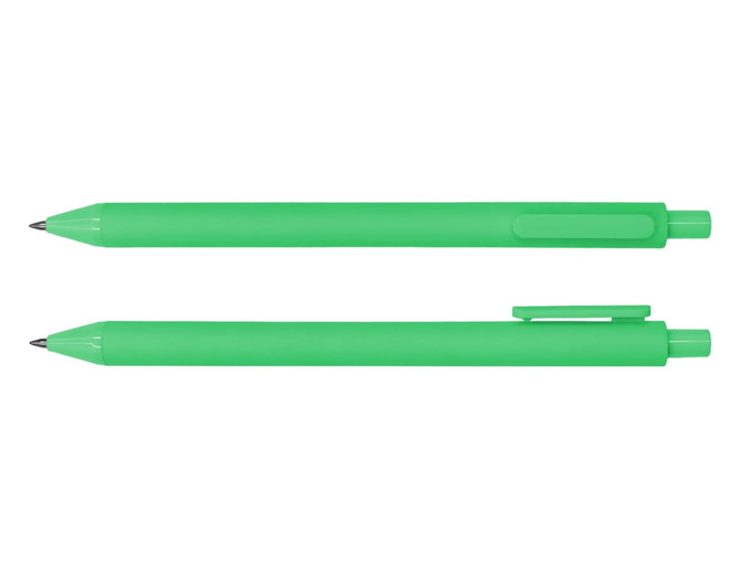A set of green gel ink pens with a smooth design and clips for easy attachment.