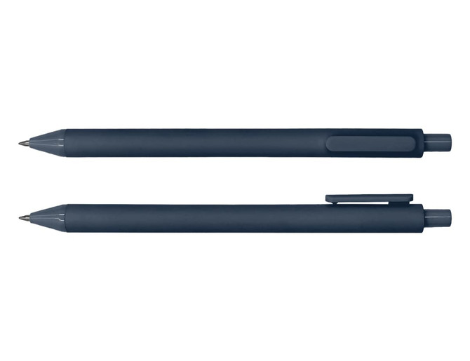 Two navy blue ballpoint pens laid parallel, featuring a clip and a smooth design. The pens have a simple branding logo.