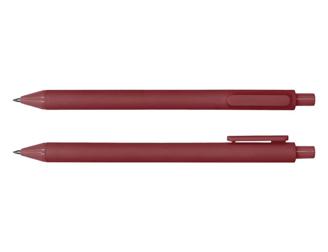 A set of two red ballpoint pens with a smooth finish and clip. Each pen features a tapered design.