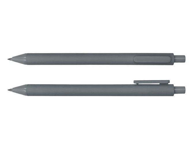 A grey ballpoint pen displayed from two angles, featuring a clip and smooth body design.