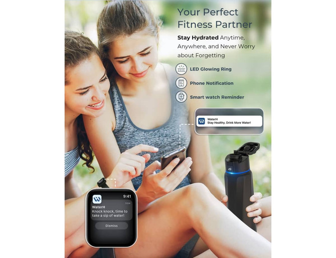 A drink bottle in black and blue with a lid, alongside two people using a smartphone. The bottle has a logo.