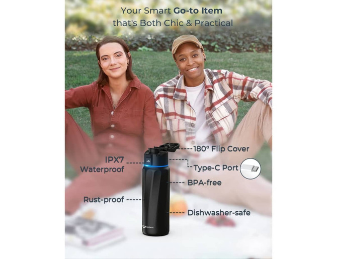 A drink bottle in matte black, featuring a blue accent, with a flip cover and a logo on the lid.