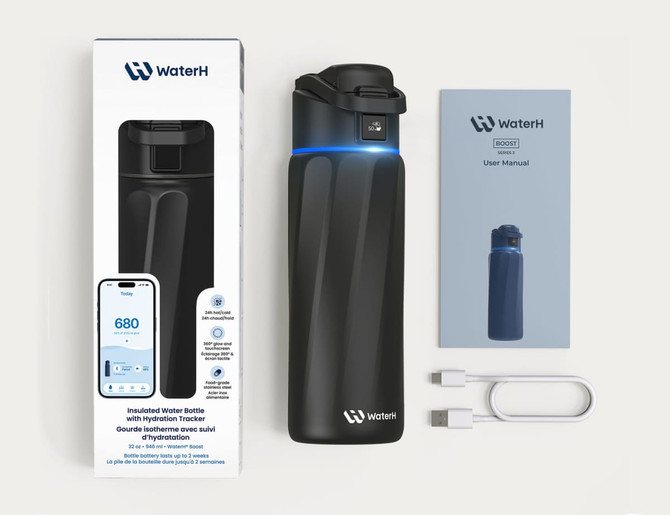 A drink bottle in black, featuring an insulated design, hydration tracker, and a logo, alongside a user manual and USB cable.