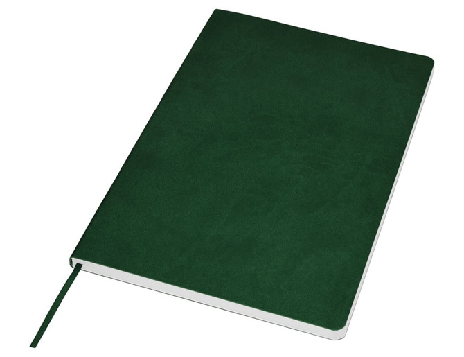 A green A5 notebook with a smooth cover and a ribbon bookmark, featuring a simple design and no visible branding.