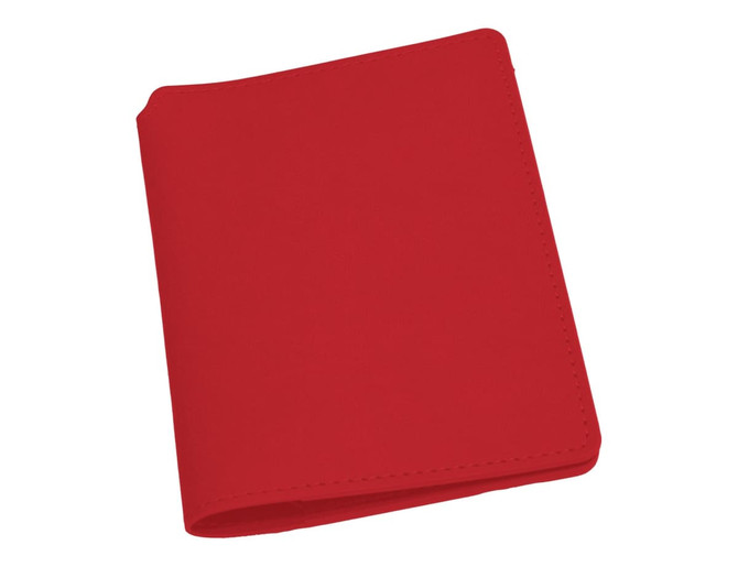 A red passport wallet featuring a smooth finish and a logo on the front.