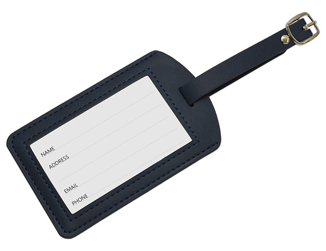 A dark blue luggage tag featuring a removable strap and blank lines for name, address, email, and phone details.