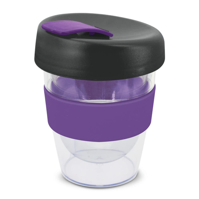 A drink bottle with a transparent body, black lid, and purple band, featuring a logo on the side.