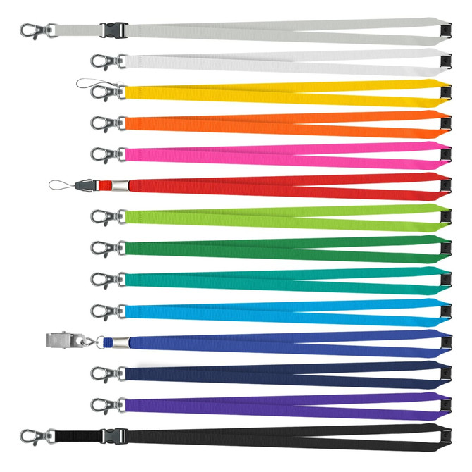 A collection of custom printed lanyards in various colours, featuring clips and attachments.