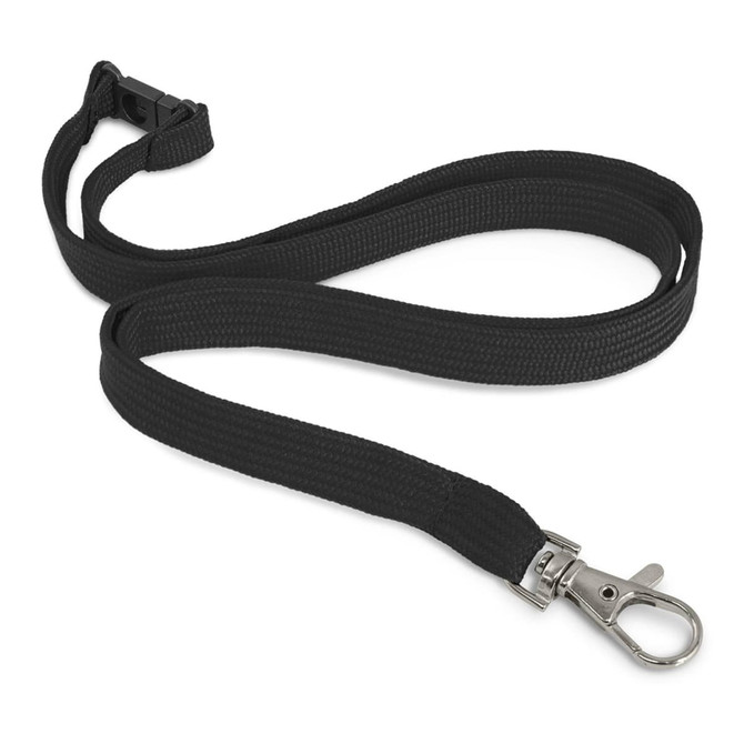 A black custom printed lanyard, 12mm wide, featuring a metal clip for attachment.