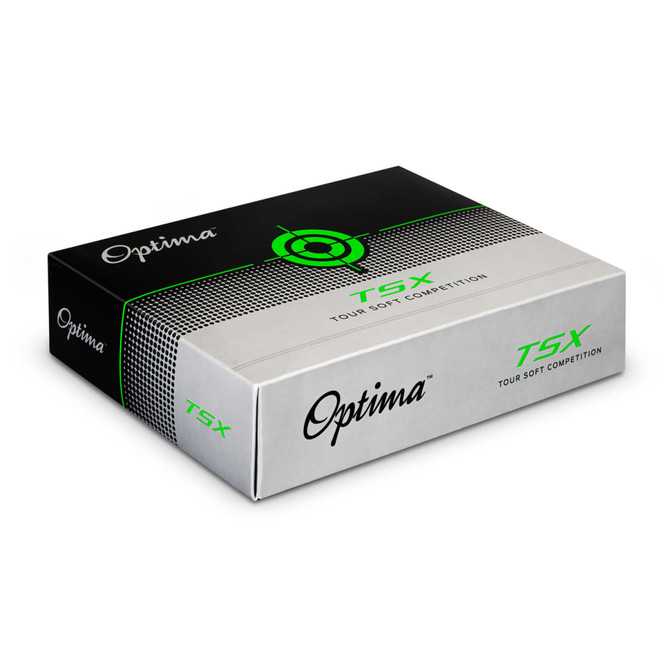 A grey and black box featuring the Optima logo, containing PGF Optima golf balls.