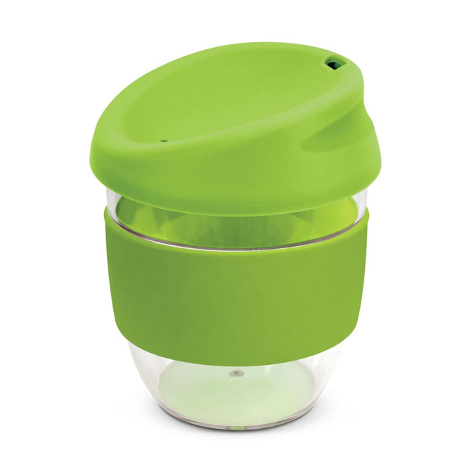 A drink bottle made of transparent Tritan with a green silicone lid and sleeve, featuring a logo.