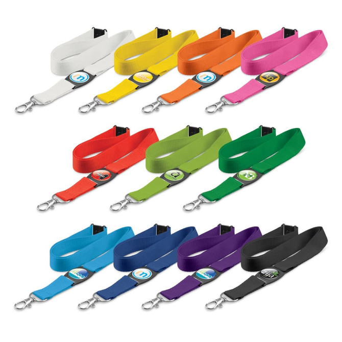 A collection of Crest lanyards in various colours including white, yellow, orange, pink, green, blue, purple, and black, each with a clip.