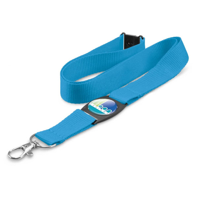 A blue lanyard with a black clip and a circular cardholder.
