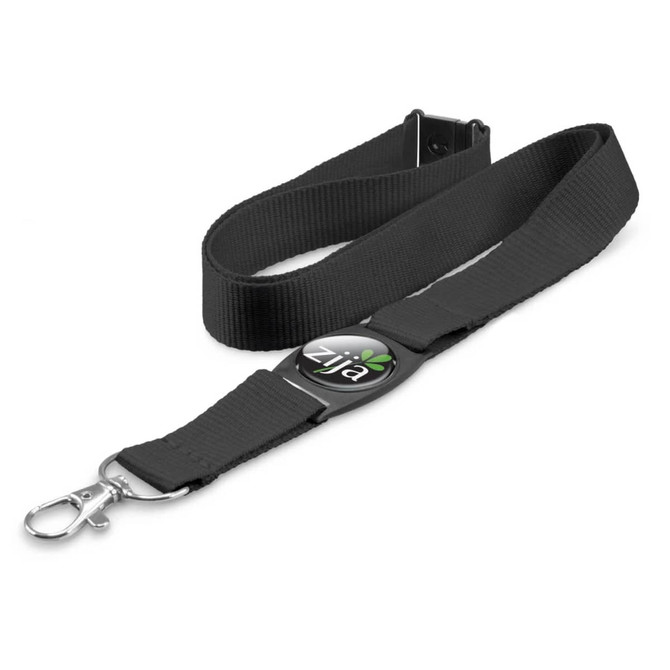 A black lanyard featuring a circular logo and a clip for attaching items.