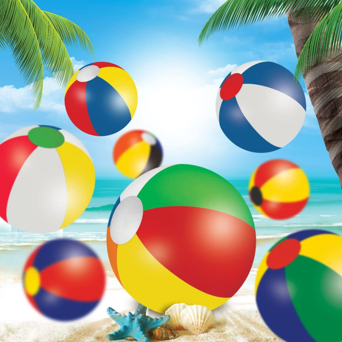 A variety of colourful beach balls in red, yellow, green, blue, and white set against a beach backdrop with palm trees.