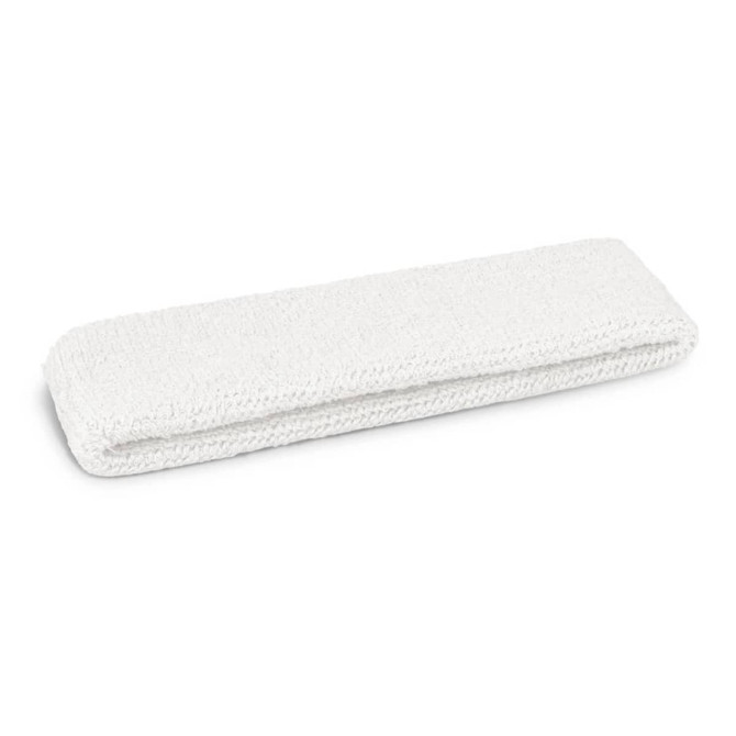 A white head sweat band is folded lengthwise and displayed against a plain background. It has a simple design and texture.