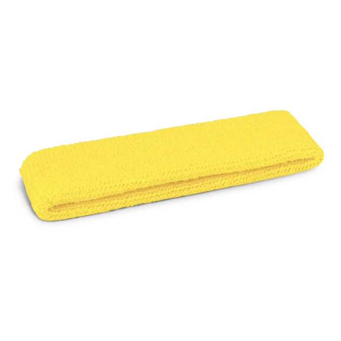 A yellow head sweat band laid flat on a white background, featuring a textured surface and folded neatly.