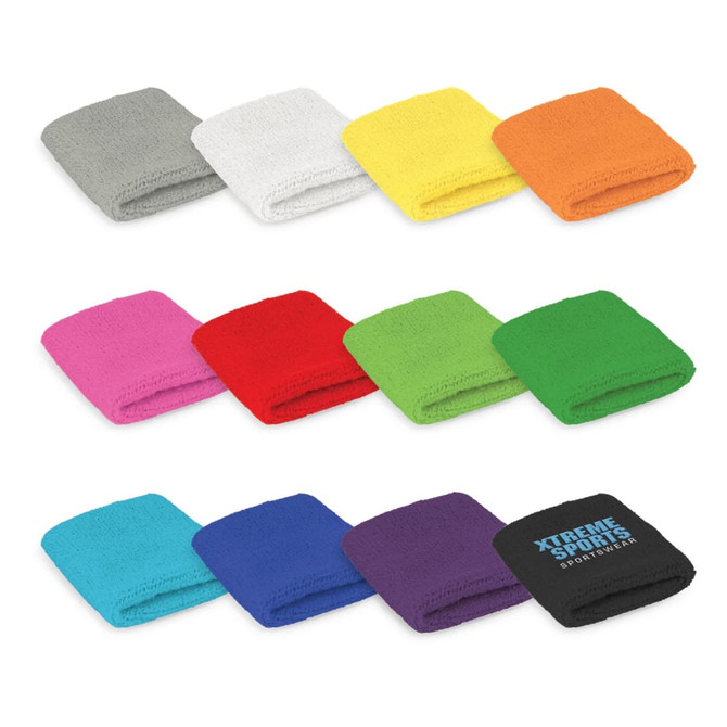 A variety of wrist sweat bands in grey, white, yellow, orange, pink, red, green, blue, purple, and black, featuring a logo.