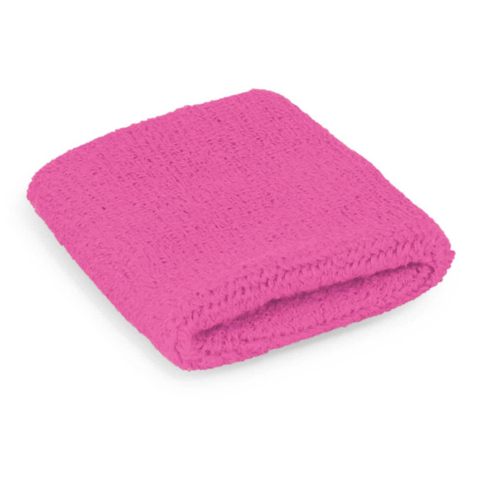 A pink wrist sweat band made of textured fabric, folded neatly. It features a simple design with no visible branding.