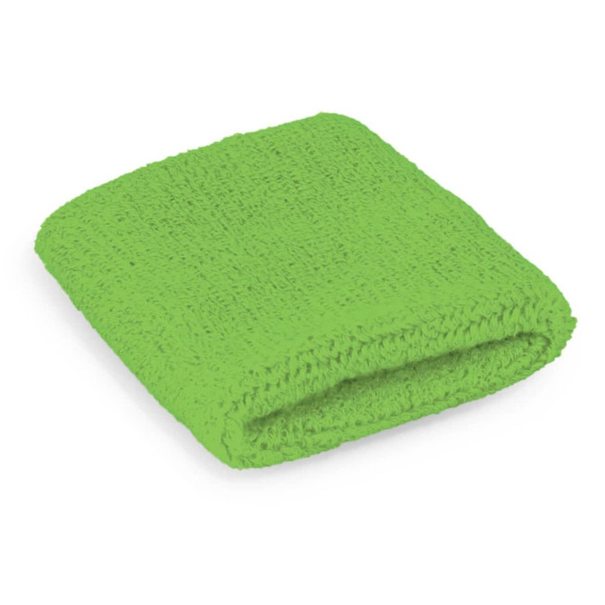 A vibrant green wrist sweat band made of textured fabric, featuring a folded design.