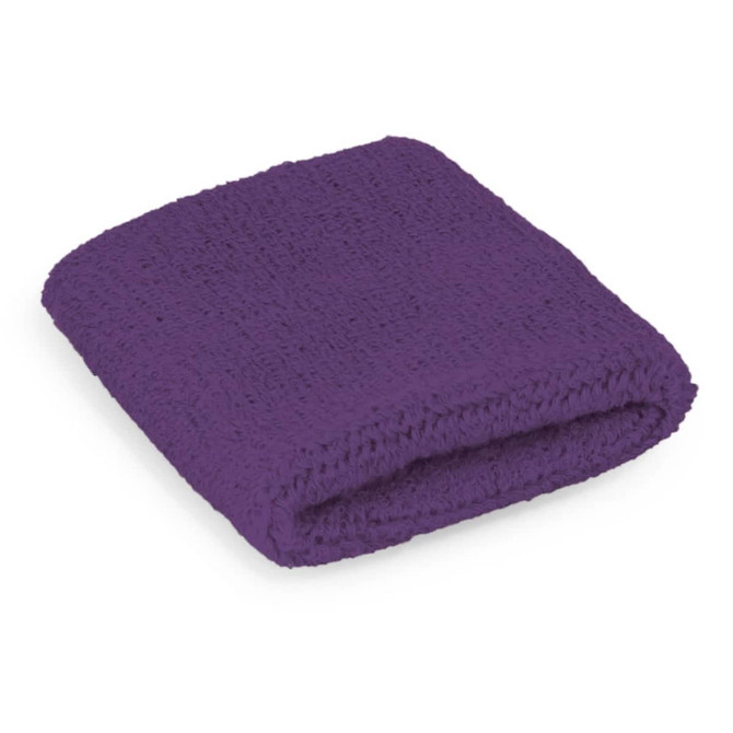 A purple wrist sweat band with a textured design, featuring a branding logo.