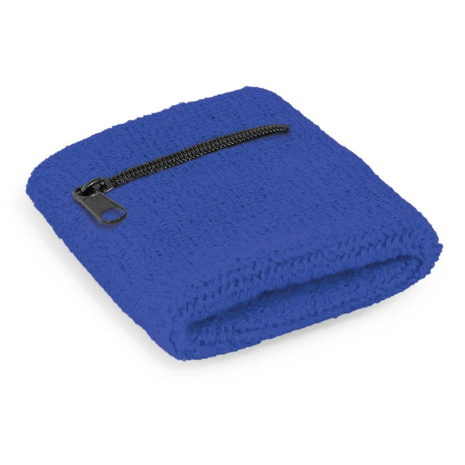 A blue wrist sweat band with a small zip pocket. The band features a textured fabric and a zipper.