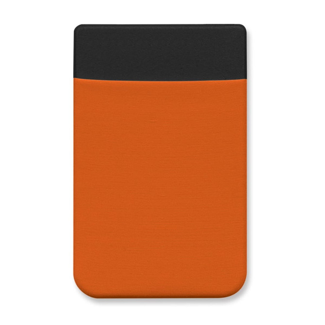 An orange Lycra phone wallet with a black top section, featuring a logo.