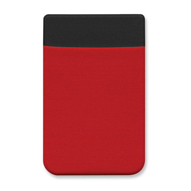 A red Lycra phone wallet with a black top section. It features a logo on the surface.