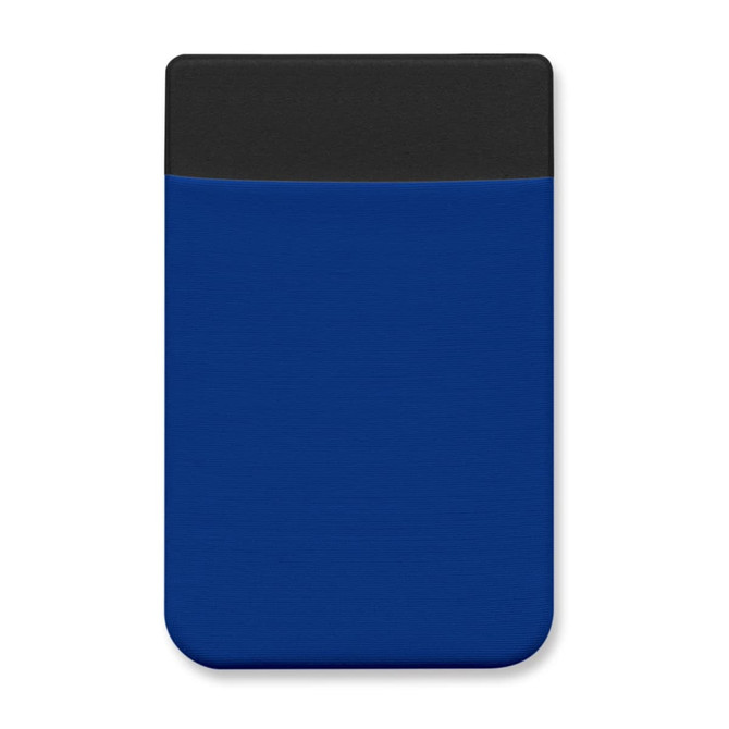 A slim blue Lycra phone wallet with a black top section and a simple design, featuring a logo.