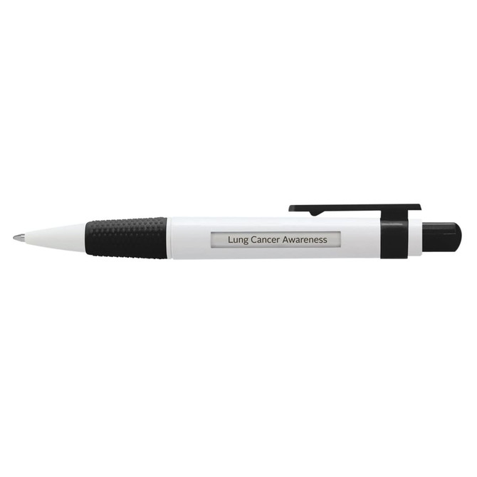 A black and white plastic pen featuring a textured grip and a branding logo.