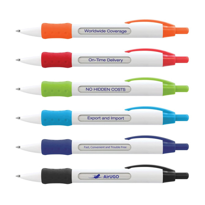 A collection of six plastic pens in white with coloured grips and accents: orange, green, blue, and black.