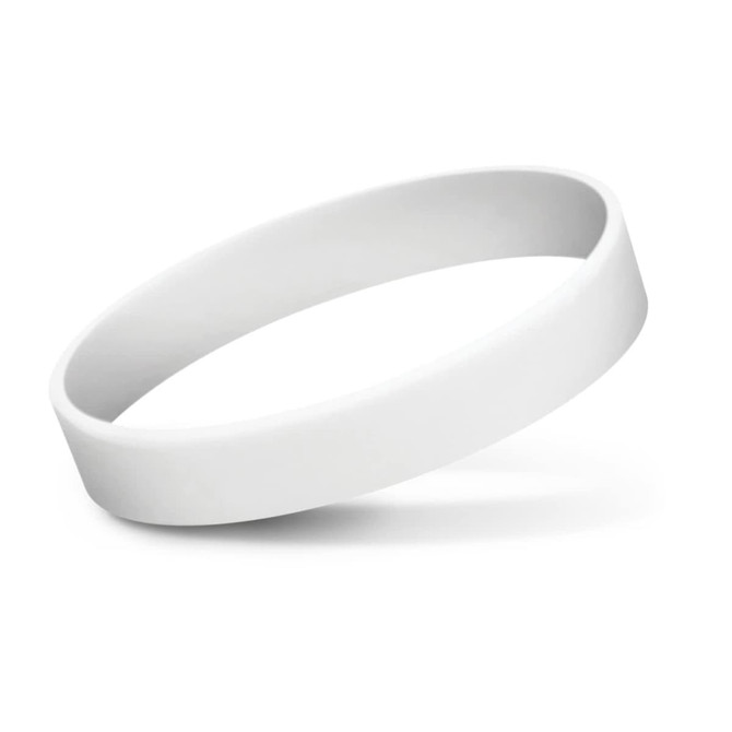 A white embossed silicone wristband displayed at an angle, showcasing its smooth surface and flexible design.