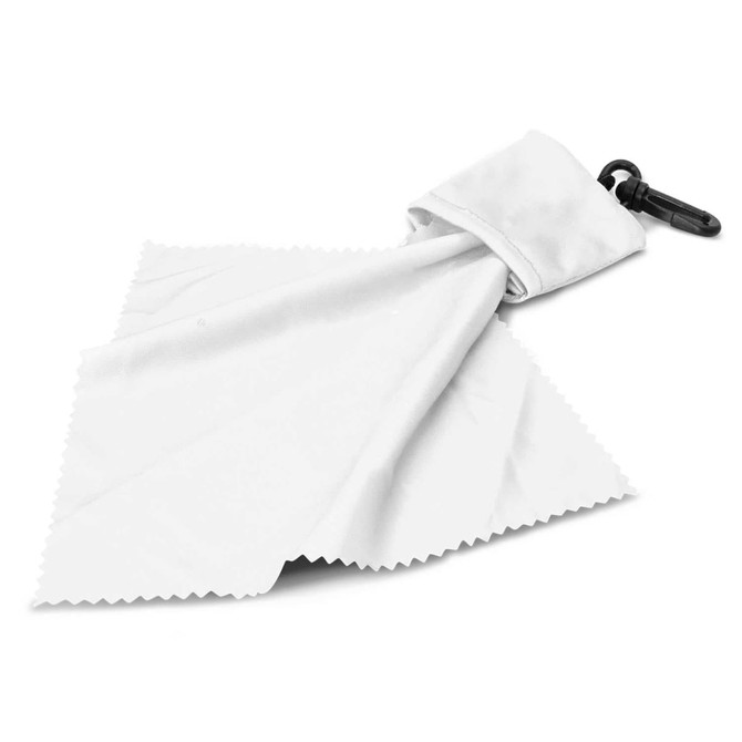 A white cleaning cloth with a clip at the top, suitable for cleaning screens and devices.