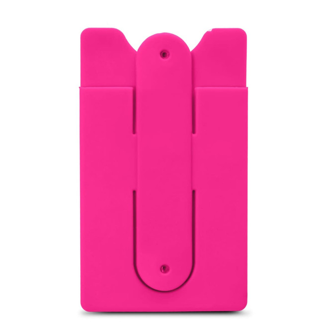 A pink phone wallet with an attachment mechanism on the back and a logo.