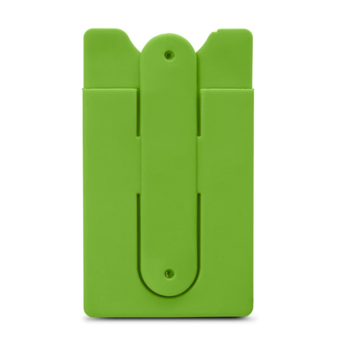 A green phone wallet with a simple design, featuring a slip-on strap and a rear panel for holding cards.