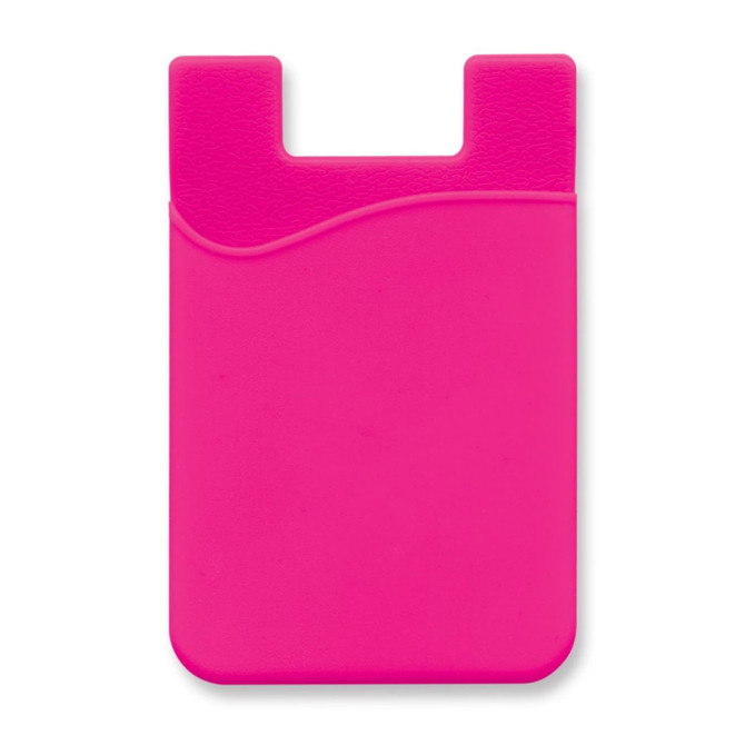 A pink silicone phone wallet with a textured design, featuring a cut-out at the top and a smooth back.