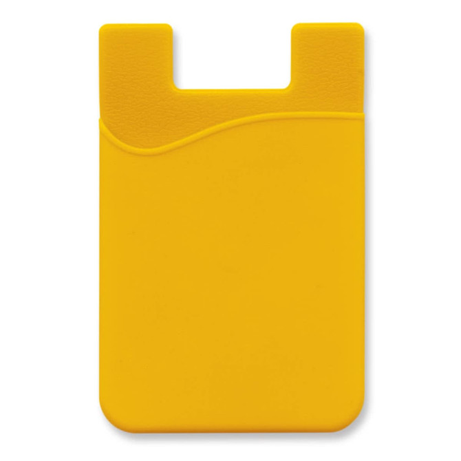 A yellow silicone phone wallet with a curved design and a cut-out for easy attachment to a phone.