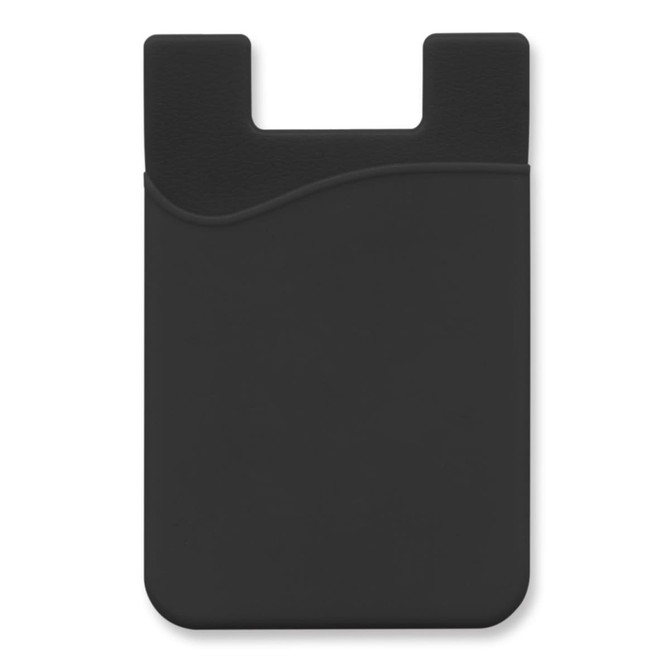 A black silicone phone wallet with a wavy design and a slot for cards. Features a logo on the surface.