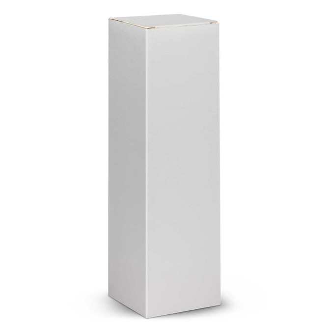 A tall white box with a flat top, featuring a simple design without any logos or branding.