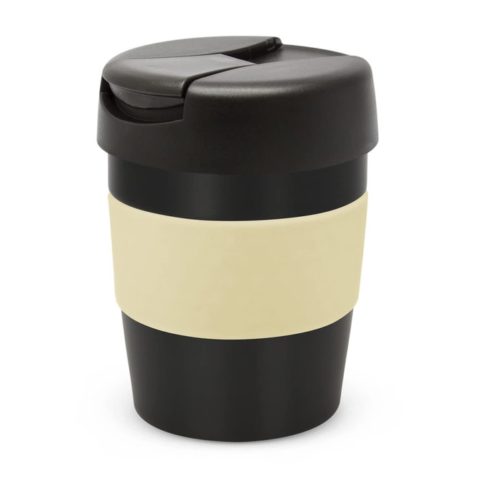 A drink bottle featuring a black body with a cream band and a black lid, including a logo.