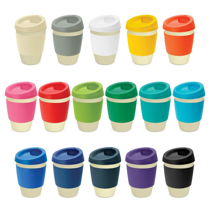 A drink bottle collection featuring various colours, including beige, grey, white, yellow, pink, green, blue, purple, and black, with lids.