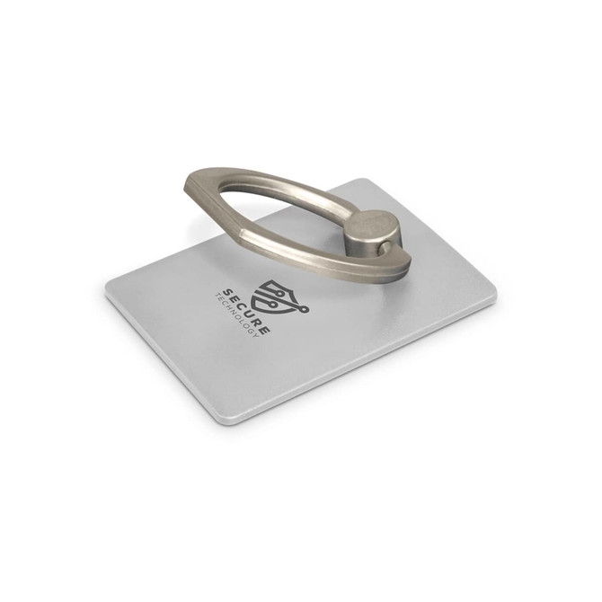 A silver phone grip with a metallic handle, featuring a branding logo on the surface.